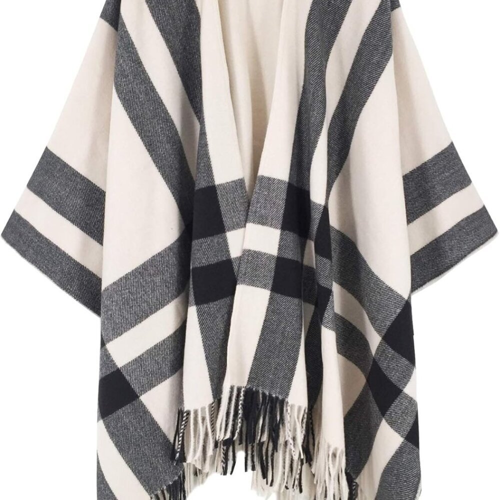 Women's Travel Plaid Shawl Wrap Open Front Poncho Cape for Fall Winter